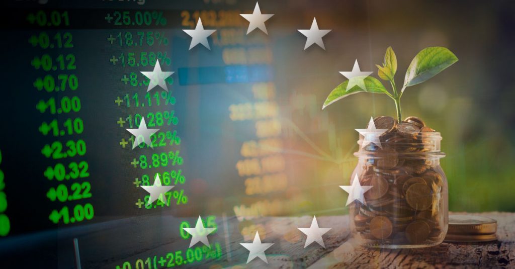 Fotomontagem com estrelas da União Europeia e indicadores financeiros