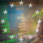 Fotomontagem com estrelas da União Europeia e indicadores financeiros