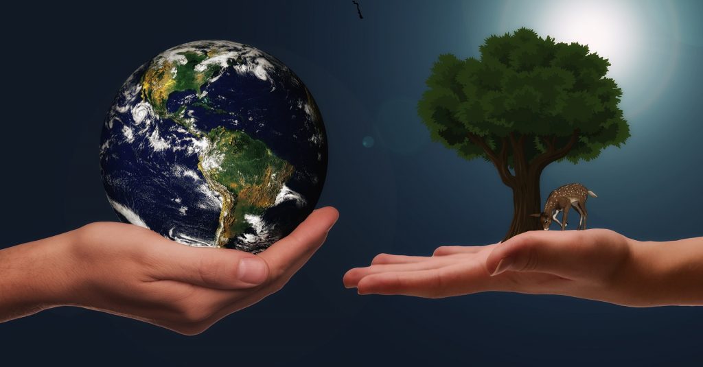 Ilustração mostra uma mão segurando o globo terrestre e outra segurando uma árvore