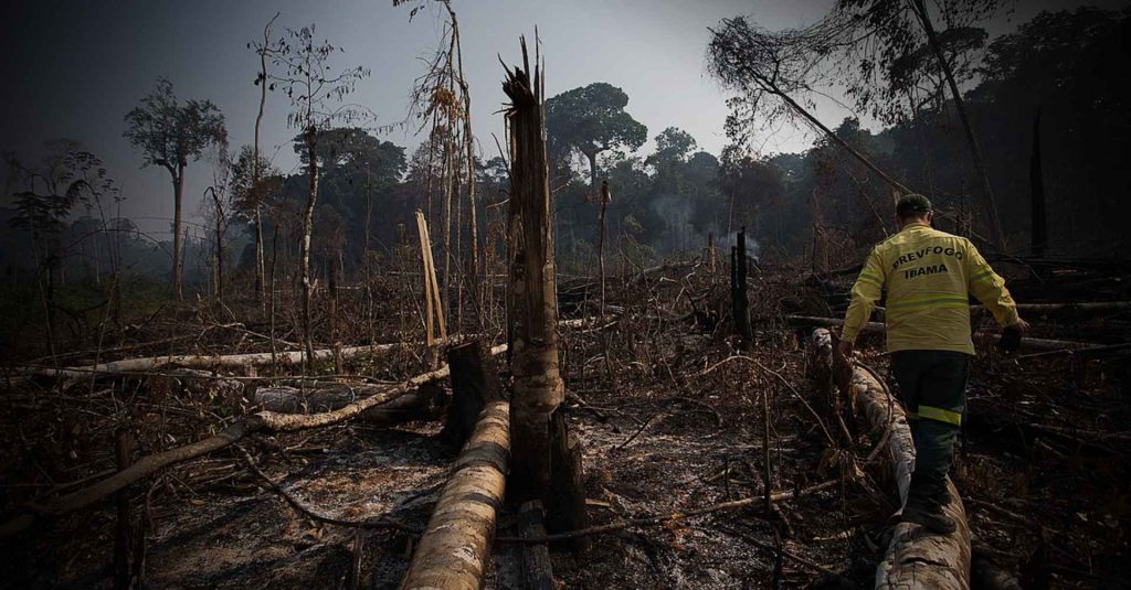 Área de floresta derrubada e queimada e vista na zona rural do município de Apuí, Amazonas