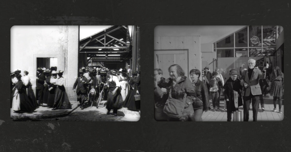 A saída dos trabalhadores da fábrica em 1895 e uma recriação contemporânea, na página à direita: as coisas não mudaram tanto assim