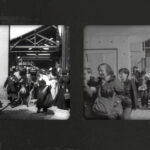 A saída dos trabalhadores da fábrica em 1895 e uma recriação contemporânea, na página à direita: as coisas não mudaram tanto assim