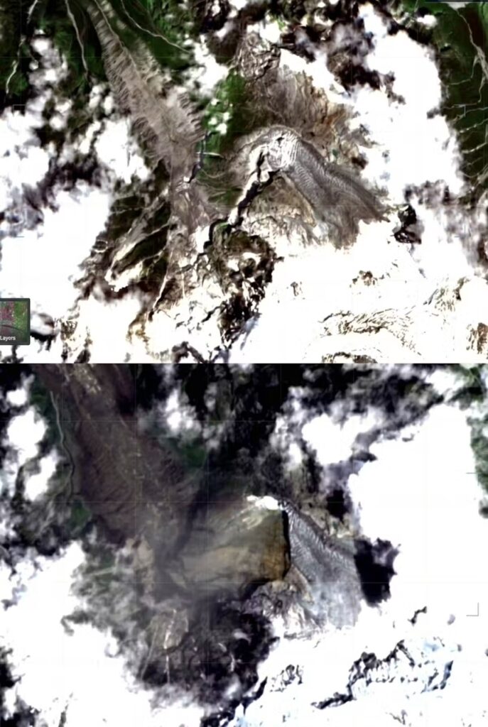 Imagens de satélite da geleira antes (acima) e depois de seu colapso em 26 de agosto (ESO Sentinel, CC BY-SA)